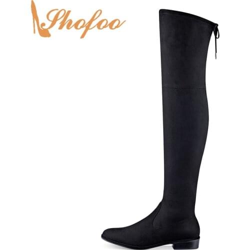 Black Round Toe Low Square Heels Women Over The Knee Boots Zipper Flock Large Size 12 14 For Ladies Fashion Mature Shoes Shofoo