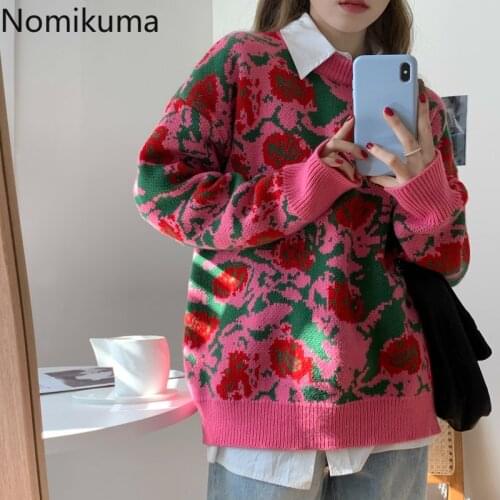 Nomikuma Sweater Women New Retro Lazy Loose Jacquard Outerwear Long Sleeve Pullover Tops Flower Pattern Jumpers Ladies 3d615