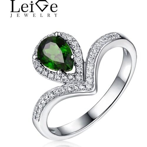 Leige Jewelry Sterling Silver Diopside Ring Natural Green Gemstone Tear Cut Wedding Anniversary Rings for Girl Fine Jewelry