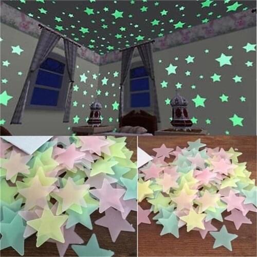 100pcs Star Wall Decorations Luminous Light Patch Fluorescent Sticker 3D Three-dimensional Wall Stickers Bedroom Roof Star Decor
