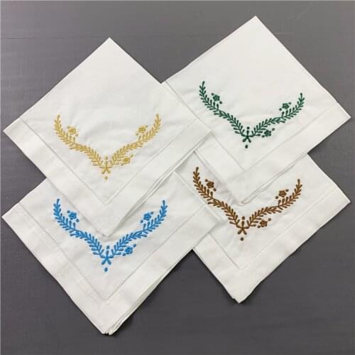12 PCS Napkins white Hemstitched linen Table Napkin with Color Embroidered Floral 20x20-inch