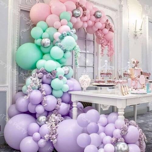 120pcs Pastel Maca Baby Pink Purple Tiffany Blue Balloons Garland Chrome Silver Balloon Arch Baby Shower Wedding Birthday Party