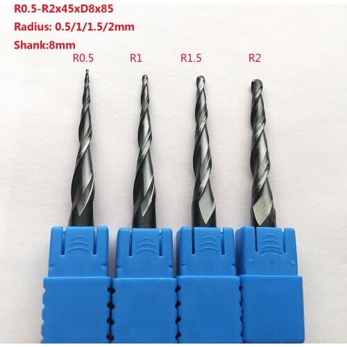 2pcs/lot R0.5/R1/R1.5/R2x45xD8x85 shank 8mm extra lengthen solid carbide tapered endmills CNC engraving milling cutters