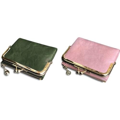2Pcs WomenS Short Wallet Bifold Retro Multifunction Coin Purse with Zip and Kiss Lock - Green & Pink