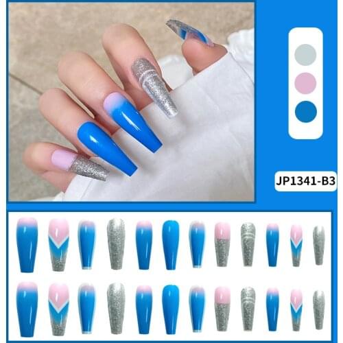 24Pcs Blue Silver Fake Nails Long Coffin Removable Nail Sliders Simple Design ​Accessories Nails Supplies For Professionals