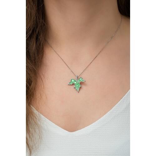 925 sterling Silver Green Enamel Sycamore Leaf Women Necklace