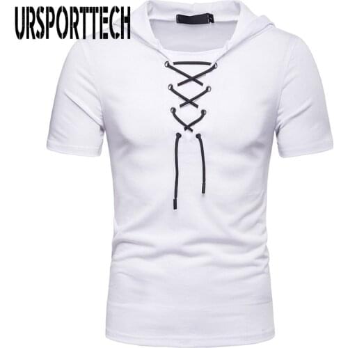 Hipstter Hooded T Shirts Men Jacobite Ghillie V Neck Male White Black Bandage Tops Casual Fit Short Sleeve Street Wear Camiseta