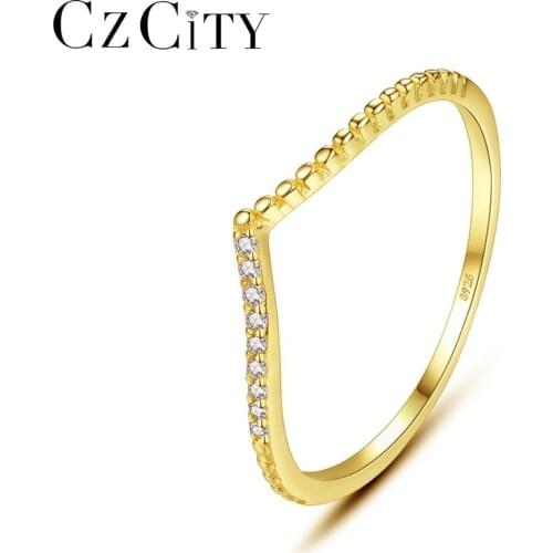 CZCITY S925 Fine Sterling Silver Chevron Ring for Women V Shaped Finger Rings Christmas Gifts Jewelry