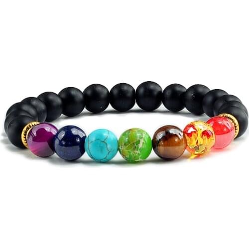 Fashion 7 Chakra Beads Elastic Bracelet Homme Natural Lava Stone Healing Balance Strand Bracelet Men Buddha Fashion Jewelry