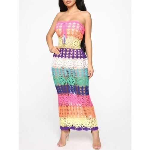 New arrival 2020 Fashion slim summer dresses sheath strapless sexy club women beach dress Rainbow braided long dress