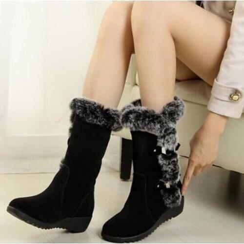 New Winter Women Boots Casual Warm Fur Mid-Calf Boots shoes Women Slip-On Round Toe wedges Snow Boots shoes Muje Plus size