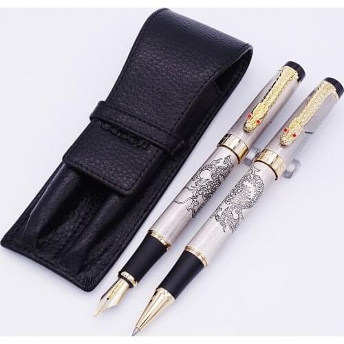 Jinhao Gray Descendants of The Dragon Fountain Pen & Roller Pen with Real Leather Pencil Case / Bag Washed Cowhide Pen Case Set