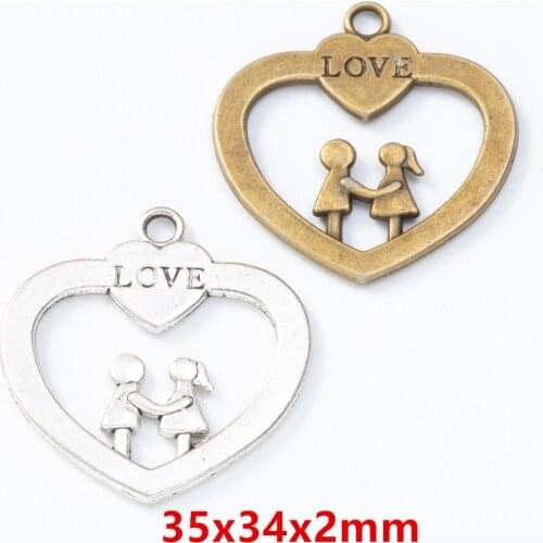 NEW 35x34x2mm 10pcs/lot Two Colors Plated Couple Love Pendants For Making Handmade Necklace Bracelet Jewelry
