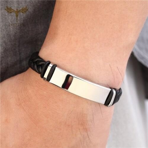 Simple Man Wristband Black Artificial Leather Bracelet Woven Stainless Steel Geometric Accessories Fashion Couple Wrist Jewellry