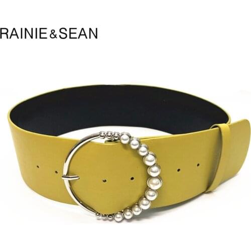 RAINIE SEAN Wide Waist Belt Women Yellow Pearl Round Buckle Pu Leather Waist Belts Casual Solid Ladies Belt for Dress 90cm