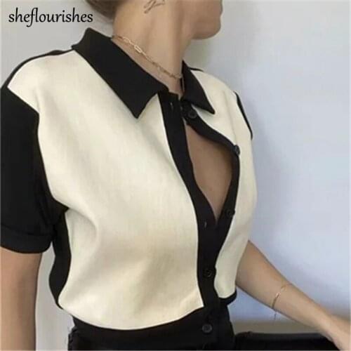 Korean polo shirt women vintage shirts short sleeve knitted cropped t shirt patchwork button up shirts white khaki top summer