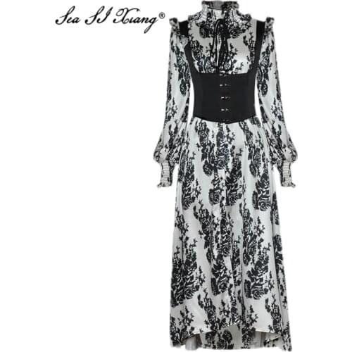 Seasixiang Fashion Designer Spring Dress Womens Stand collar Long sleeve Ruffles Vintage Print Dresses + Girdle