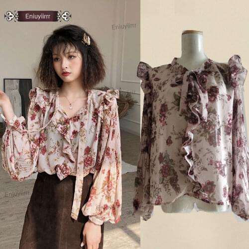 Chiffon Ruffled Tops Hot Sales Korean Style Japanese Design Women 2020 Cute Sweet Floral Printed Vintage Shirt Blouse E061
