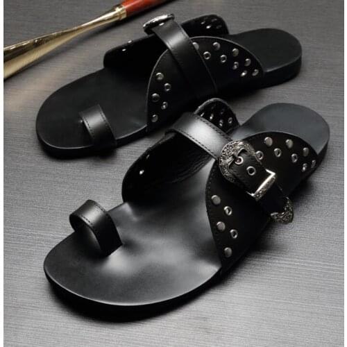 Studs Fashion Mens Genuine Leather Cool Sandals Flats Black Sandals Flip Flops Genuine Leather Man Casual Slippers Shoes