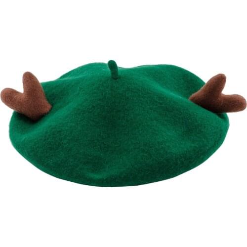 Spring Winter Warm 100% Real Wool Antler Berets Party Gifts Men Women Cute Caps 13 colors Bonnet Cashmere Lady French Hat RH