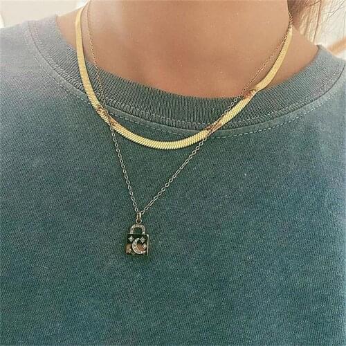 New Vintage 2021 Fashion Multilevel Female Gold Snake Chain Necklaces For Women Crystal Moon Star Inlaid Lock Pendant Jewelry
