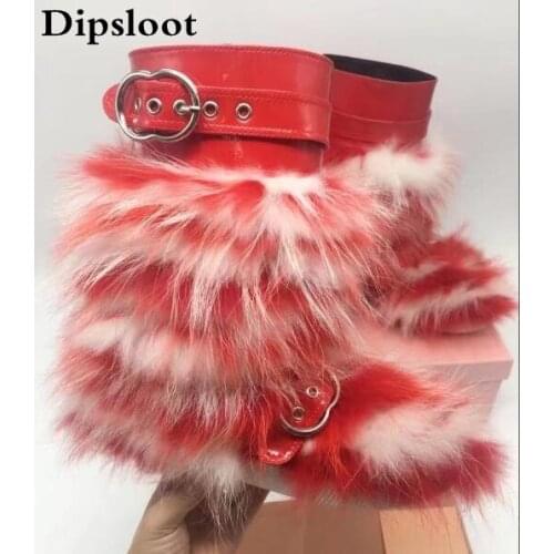 Winter 2017 Brand Women Black/Red/Light Blue Patent Leather Rabbit Fur Or Fox Fur Buckle Flat Mid-calf Short Boots Size 35-41
