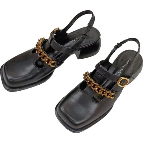 Ankle Strap Saddles Female Spring and Summer 5.4 cm Square High Heel Cowhide Leather Fashion Popular Shoes Latest Designed