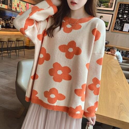 WomenS Sweater Winter Knitted Floral Pullover Retro Loose Top Fashion Full Sleeve Sweater Oversized WomenS Wear 2021 y2k