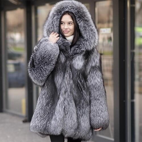 TOPFUR 2021 New Fashion Sliver Fox Fur Coat With Hood 100% Natural Sliver Fur Coat For Women Outerwear & Coat Loose Full Sleeves