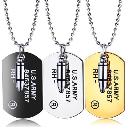High Quality Fashion Men Military Army Bullet Charm Dog Tags SINGLE EMBOSSED Chain Pendant Necklace Jewelry Gift 1PCS
