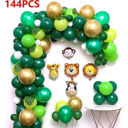 144PCS Green Jungle Safari Theme Tiger Monkey Cow Animal Latex Balloons Palm Leaves Garland Accessories Set Birthday Decorations