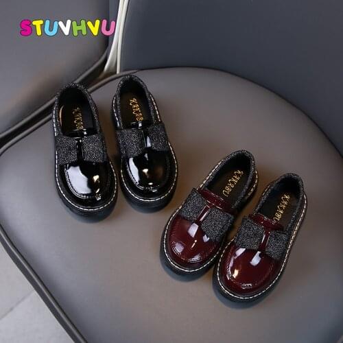 2021 New Patent Leather Girls Princess Shoes Black Soft Bottom Non-slip School Children Shoes Winter Plus Velvet Warm Kids Shoes