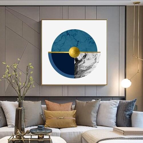 Abstract Golden Foil Painting Blue Print Orange Poster Modern Gold Wall Art Picture for Room Luxury Tableaux Stone Cuadro Salon