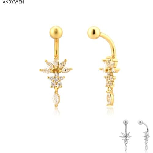 ANDYWEN 925 Sterling Silver Single 1PCS Belly Ring Shop Glacial Diamanté Belly Button Ring Body Jewelry Fine Piercing Jewels