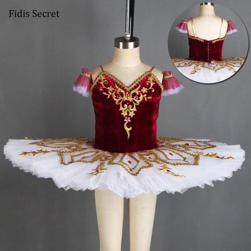 Wine Red Velvet Bodice w/White Pancake Ballet Tutu Costumes for Girls Balllerina Stage Performance/Competition/Solo Dancewear