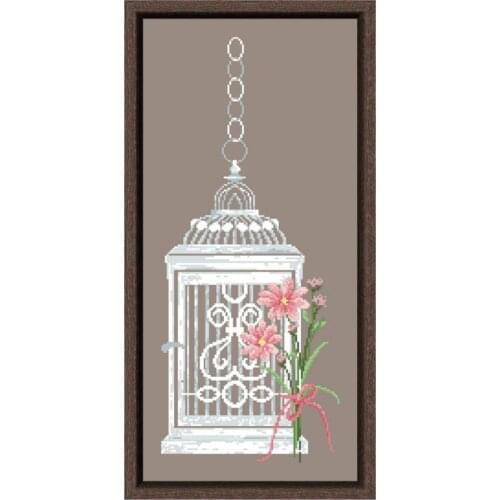 White cage with flowers cross stitch design package 14ct light coffee cloth cotton thread embroidery DIY handmade needlework