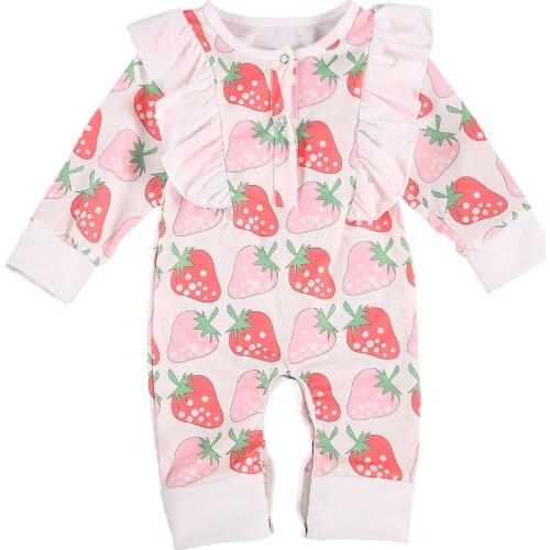 Newborn Baby Girls Long Sleeve Romper Infant Toddler Strawberry Print Irregular Ruffle Ribbed Autumn Spring Clothing 0-24M