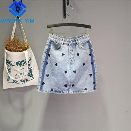 High Waist Denim Short Skirt Women Fashion Heart Embroidery Package Hip Denim Mini Skirt Female Loose Washed A-Line Jeans Skirts