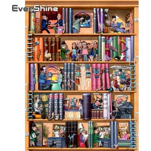 EverShine Diamond Mosaic Bookshelf Picture Of Rhinestones Diamond Painting Cartoon Scenery Cross Stitch Diamond Embroidery Sale