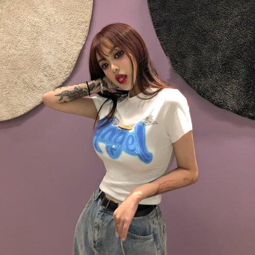 Summer White Printed Women T-Shirt Female Slim Crop Tops Tees Female Streetwear Short Sleeves T-Shirt Goth