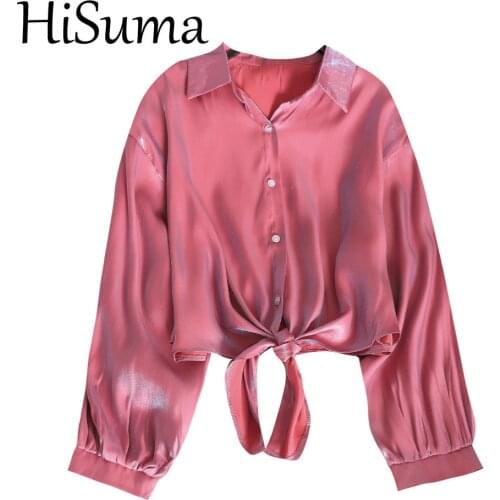 HISUMA Spring Autumn Women Turn-down Collar Bandage Strap Basic Cardigan Button Shirt Lady Short Bling Silk Chiffon Blouse Tops
