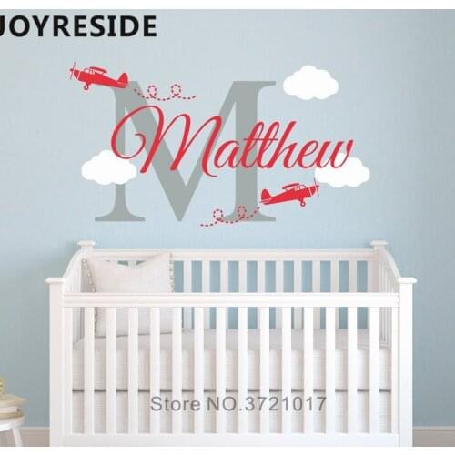 Personalized Names Airplane Cute Patterns Wall Decals Clouds Vinyl Wall Sticker Customed Boys Name Home Kids Room Decor M132