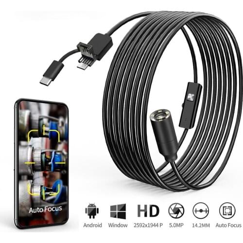 Auto Focus Endoscope Camera with 5.0 Megapixels FHD Inspection Camera Semi-Rigid Snake Cable With 6 LED for Samsung Android PC