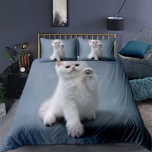 3D White Cat Printing Bedding Set Animal Duvet Cover Pillowcase Set Queen King Cute Quilt Cover 2/3pcs (No Filling No Sheet)