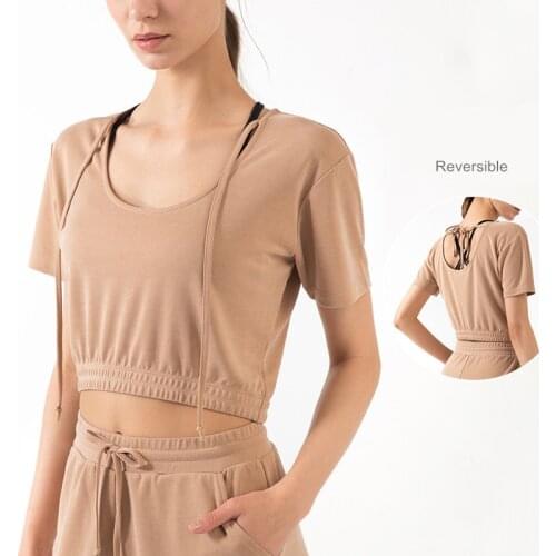 Summer Reversible Bandage Slim Yoga Shirts Women Elastic Hem Sports Fitness Short Sleeve Quick-Drying Running Training T Shirt