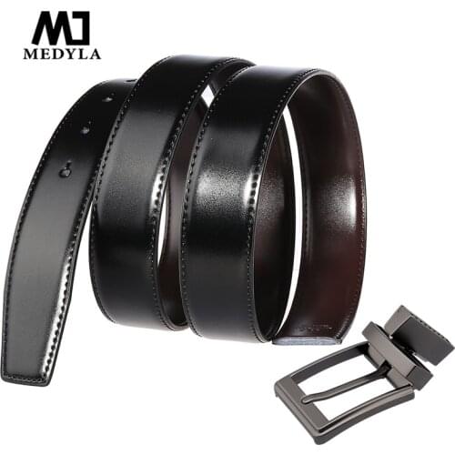 MEDYLA brand mens business belt natural cowhide 2 sides can use smooth belt without buckle rotating buckle DIY assembly belt