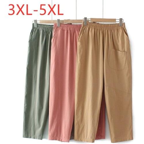 New 2021 Ladies Summer Plus Size Haren Pants For Women Large Loose Casual Cotton Khaki Pocket Cropped Trousers 3XL 4XL 5XL
