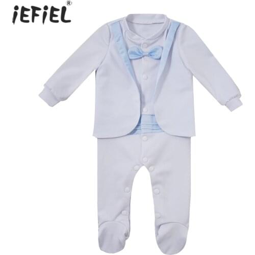 Newborn Baby Boy Gentleman Suit Footed Tuxedo Romper Jumpsuit Infant 1st First Birthday Outfit Bow Tie Baptism Footies Clothes
