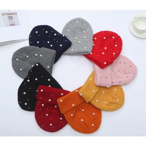 Pearl Inlay Solid Color Keep Warm Unisex Crimping Beanie Hat Autumn Winter Elasticity Men Ski Cap Knitting Women Skull Cap