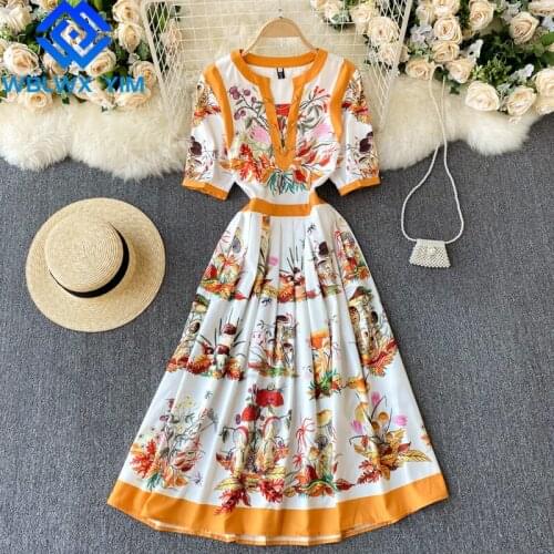 High waist Elegant Dress Women Iron chain Decoration Fashion Print Maxi Dress Loose O-Neck Short Sleeve Casual Dresses Female
